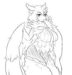 Rule 34 | 1girl, breasts, commentary, english commentary, feathers, fluffy, fur collar, greyscale, hair between eyes, harpy, highres, large breasts, lineart, monochrome, monster girl, monster girl encyclopedia, nav (itsnav), owl mage (monster girl encyclopedia), solo, thick eyebrows, winged arms, wings