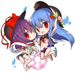 Rule 34 | 2girls, arm up, ass, ball, bare legs, barefoot, beachball, bikini, black bikini, black hat, blue hair, blush, bow, breasts, chibi, flower, food, frilled shawl, frills, from behind, fruit, grey footwear, groin, hair between eyes, hair flower, hair ornament, hand up, hat, hat bow, hinanawi tenshi, holding, holding ball, innertube, jumping, leaf, looking at viewer, looking back, medium breasts, multiple girls, nagae iku, navel, necktie, neropaso, open mouth, palms together, peach, purple hair, red bow, red eyes, red flower, red neckwear, sandals, shawl, short hair, side-tie bikini bottom, simple background, stomach, striped bikini, striped clothes, swim ring, swimsuit, thighs, touhou, vertical-striped bikini, vertical-striped clothes, water drop, white background