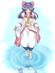 Rule 34 | 1girl, ainu clothes, blue eyes, blue hair, breasts, clothes lift, feet, fingerless gloves, gloves, hair ribbon, highres, legs, lifting own clothes, medium breasts, nakoruru, pants, parted lips, reflection, ribbon, samurai spirits, snk, solo, the king of fighters, thighs, water