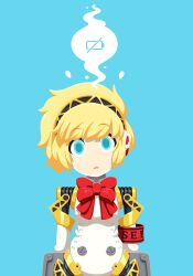 Rule 34 | 1girl, aegis (persona), android, artist name, blonde hair, blue background, blue eyes, bow, buttons, commentary, english commentary, headphones, highres, joints, looking at viewer, parted lips, persona, persona 3, red bow, short hair, simple background, solo, standing, tsperring, twitter username