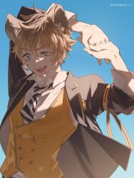 Rule 34 | 1boy, :d, animal ears, arm behind head, arm up, black jacket, blue background, blush, brown hair, collared shirt, commentary request, diagonal-striped clothes, diagonal-striped necktie, hair between eyes, half-closed eye, highres, interlocked fingers, jacket, koeda (k83 4), long sleeves, looking away, male focus, necktie, open clothes, open jacket, open mouth, orange vest, outdoors, ruggie bucchi, shirt, smile, solo, striped clothes, teeth, thick eyebrows, twisted wonderland, twitter username, uneven eyes, upper body, upper teeth only, v-shaped eyebrows, vest, white shirt