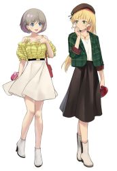 Rule 34 | 2girls, alternate costume, bag, bare legs, bare shoulders, beret, blonde hair, blouse, blue eyes, boots, bow, box, brown headwear, brown skirt, commentary request, earrings, green eyes, green jacket, grey hair, hand on own chest, handbag, hat, heanna sumire, heart-shaped box, high-waist skirt, high heel boots, high heels, jacket, jewelry, kisetsu, long hair, love live!, love live! superstar!!, multicolored hair, multiple girls, necklace, off-shoulder shirt, off shoulder, open mouth, pink bow, pink hair, plaid, plaid jacket, red bow, shirt, short hair, short sleeves, simple background, skirt, smile, streaked hair, stud earrings, tang keke, valentine, white background, white footwear, white shirt, white skirt, yellow shirt, yuri
