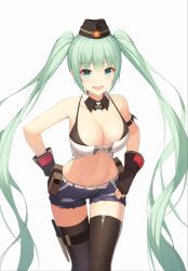 Rule 34 | 1girl, :d, aqua eyes, aqua hair, armpits, bare shoulders, belt, belt pouch, black gloves, black hat, black thighhighs, breasts, cleavage, collarbone, crop top, cutoffs, denim, denim shorts, detached collar, fang, fingerless gloves, garrison cap, girls&#039; frontline, gloves, hat, herol, highres, holster, large breasts, long hair, looking at viewer, micro uzi (girls&#039; frontline), micro uzi (mod3) (girls&#039; frontline), midriff, mod3 (girls&#039; frontline), navel, open mouth, pouch, short shorts, shorts, simple background, sleeveless, smile, solo, standing, thigh strap, thighhighs, thighs, twintails, very long hair, white background