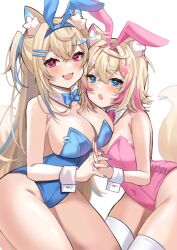 Rule 34 | 2girls, :3, animal ear fluff, animal ears, bandaid, bandaid hair ornament, bare shoulders, blonde hair, blue bow, blue bowtie, blue eyes, blue hair, blue leotard, blue nails, bow, bowtie, breasts, cleavage, detached collar, dog ears, dog girl, dog tail, fake animal ears, fang, fuwawa abyssgard, hair ornament, hairpin, haruuukuma, highres, holding hands, hololive, hololive english, large breasts, leotard, light blue hair, long hair, looking at viewer, mococo abyssgard, multicolored hair, multiple girls, navel, open mouth, pink bow, pink bowtie, pink eyes, pink hair, pink leotard, pink nails, playboy bunny, rabbit ears, short hair, skin fang, small breasts, smile, strapless, strapless leotard, streaked hair, tail, thighhighs, two side up, very long hair, virtual youtuber, white thighhighs, wrist cuffs, x hair ornament