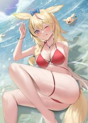 Rule 34 | 1girl, :p, absurdres, ahoge, animal ears, beach, bikini, blonde hair, blue sky, blush, bow, bowtie, bracelet, braid, breasts, cloud, day, feet out of frame, fox ears, fox girl, fox tail, hair bow, heart, heart-shaped pupils, highres, hololive, jewelry, jmao, legs, long hair, lying, medium breasts, multi-strapped bikini, multicolored hair, o-ring, o-ring bikini, omaru polka, on back, one eye closed, pendant, pink hair, purple eyes, red bikini, revision, sky, solo focus, sparkle, streaked hair, sunlight, swimsuit, symbol-shaped pupils, tail, thigh strap, thighs, tongue, tongue out, virtual youtuber, water, wet, wet hair, zain (omaru polka)