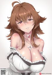 Rule 34 | 1girl, absurdres, ahoge, bare shoulders, blush, breasts, brown hair, choker, cleavage, dress, elbow gloves, female focus, gloves, high school dxd, highres, jewelry, large breasts, long hair, looking at viewer, mature female, murikajin, necklace, parted lips, patreon username, smile, solo, upper body, venelana gremory, watermark, web address, white gloves
