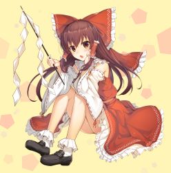 Rule 34 | 1girl, bare legs, black footwear, bobby socks, bow, brown eyes, brown hair, commentary request, detached sleeves, frilled skirt, frills, full body, gohei, hair bow, hair tubes, hakurei reimu, highres, holding, icomochi, loafers, long hair, looking at viewer, panties, pantyshot, red bow, red skirt, ribbon-trimmed sleeves, ribbon trim, shide, shoes, sidelocks, sitting, skirt, skirt set, socks, solo, touhou, underwear, vest, white socks, yellow background
