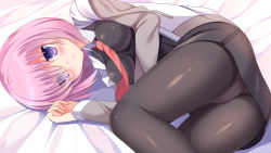 Rule 34 | 1girl, ass, bed sheet, black dress, black pantyhose, blush, breasts, closed mouth, collared dress, commentary request, dress, eyes visible through hair, fate/grand order, fate (series), fingernails, hair over one eye, hand up, jacket, long sleeves, lying, mash kyrielight, medium breasts, necktie, on side, open clothes, open jacket, panties, panties under pantyhose, pantyhose, pink hair, pleated dress, purple eyes, red necktie, smile, solo, umitonakai, underwear, white jacket