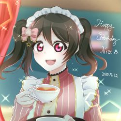 Rule 34 | 1girl, apron, artist name, artist request, black hair, blush, bow, buttons, collared dress, collared shirt, cup, dress, female focus, hair bow, hair ornament, highres, holding, holding cup, holding plate, long sleeves, looking at viewer, love live!, love live! school idol festival, love live! school idol project, maid, maid cap, maid headdress, parted lips, pink bow, pink dress, pink shirt, plate, puffy short sleeves, puffy sleeves, red eyes, shirt, short hair, short sleeves, smile, solo, sparkle, star (symbol), star hair ornament, striped clothes, striped shirt, teacup, twintails, yazawa nico, yoyorudao