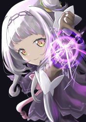 Rule 34 | 1girl, absurdres, black background, black capelet, brown eyes, brown gloves, capelet, commentary request, gloves, grey hair, hair bun, highres, hilamaru, hololive, long sleeves, looking at viewer, magic, murasaki shion, murasaki shion (1st costume), parted lips, side bun, simple background, single hair bun, single side bun, smile, solo, v-shaped eyebrows, virtual youtuber