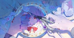 Rule 34 | 2girls, absurdres, akemi homura, blood, blood on hands, bow, bowtie, creature, cutting, decapitation, from above, hair ribbon, highres, holding, holding scissors, jhtgiu, kaname madoka, kyubey, mahou shoujo madoka magica, mahou shoujo madoka magica (anime), multiple girls, nail polish, out of frame, painttool sai (medium), pink hair, plate, pov, pov hands, purple nails, red bow, red bowtie, red eyes, ribbon, scissors, short hair, short twintails, smile, spoon, tears, twintails