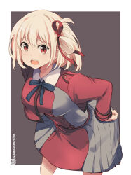 Rule 34 | 1girl, :d, blonde hair, blue bow, bow, breasts, collared dress, dress, grey background, grey dress, hair between eyes, hair ribbon, hand on own hip, kuromiya, leaning forward, long sleeves, looking at viewer, lycoris recoil, lycoris uniform, medium breasts, nishikigi chisato, one-hour drawing challenge, open mouth, pleated dress, red dress, red eyes, red ribbon, ribbon, smile, solo, twitter username, two-tone background, two-tone dress, white background
