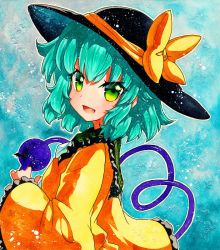 Rule 34 | 1girl, black hat, blouse, blue background, blue hair, bow, crystal, green eyes, hair between eyes, hand up, hat, komeiji koishi, long sleeves, looking at viewer, open mouth, qqqrinkappp, shikishi, shirt, short hair, smile, solo, touhou, traditional media, yellow bow, yellow shirt, yellow sleeves