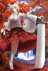 Rule 34 | 1girl, animal ears, autumn, autumn leaves, bare shoulders, breasts, detached sleeves, e sora, forest, geta, hat, huge weapon, inubashiri momiji, looking at viewer, midriff, nail polish, nature, navel, red eyes, ribbon, ribbon-trimmed sleeves, ribbon trim, sarashi, shield, short hair, silver hair, skirt, solo, sword, tokin hat, touhou, water, waterfall, weapon, white legwear, wolf ears