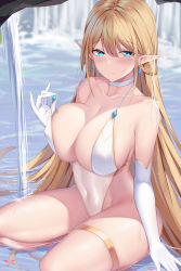 Rule 34 | 1girl, bare shoulders, bikini pull, blonde hair, blue eyes, blush, braid, breasts, choker, cleavage, clothes pull, collarbone, elbow gloves, elf, feng mouren, gloves, highres, image sample, large breasts, long hair, looking at viewer, navel, original, pixiv sample, pointy ears, solo, thighs, water, white gloves