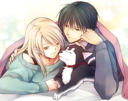 Rule 34 | 1boy, 1girl, 1other, black hair, black hayate, blonde hair, brown eyes, collar, dog, fullmetal alchemist, green sweater, grey eyes, grey sweater, hair between eyes, hand on own face, long hair, long sleeves, looking at another, petting, red collar, riza hawkeye, roy mustang, short hair, smile, sweater, takafuji yuna, under covers, upper body