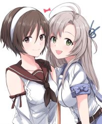 Rule 34 | 10s, 2girls, :d, antenna hair, bad id, bad twitter id, belt, brown eyes, brown hair, commentary request, detached sleeves, green eyes, hair ribbon, hairband, kantai collection, kinugasa (kancolle), light brown hair, long hair, looking at viewer, morinaga miki, multiple girls, natori (kancolle), neckerchief, open mouth, ribbon, sailor collar, short hair, smile, upper body, white background