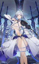 Rule 34 | 1girl, absurdres, azur lane, bare shoulders, blue eyes, blue hair, blue ribbon, breast curtains, breasts, brennus (azur lane), center opening, chinese commentary, cleavage, collarbone, commentary request, cross, detached sleeves, dress, flantia, gloves, hair ornament, hair over one eye, hair ribbon, halo, halo behind head, highres, holding, holding instrument, holding violin, instrument, large breasts, long hair, looking at viewer, multicolored hair, navel, parted lips, puffy detached sleeves, puffy sleeves, revealing clothes, ribbon, see-through, see-through dress, sidelocks, solo, standing, stomach, two-tone hair, very long hair, violin, white dress, white gloves, white hair, white sleeves