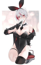 Rule 34 | 1girl, absurdres, armband, bar stool, black gloves, black headband, black leotard, black thighhighs, blush, breasts, card, character request, commentary, copyright request, earrings, gloves, headband, highres, holding, holding card, jacket, jewelry, joker (playing card), legband, leotard, looking at viewer, medium breasts, multicolored hair, necktie, open clothes, open jacket, playboy bunny, playing card, red eyes, rerrere, signature, simple background, single earring, single thighhigh, sitting, smile, stool, strapless, strapless leotard, thighhighs, two-tone hair, white hair, zipper