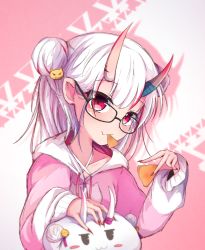 Rule 34 | 1girl, bell, bespectacled, blurry, blurry background, closed mouth, collarbone, doritos, double bun, drawstring, drop shadow, fang, fingernails, food, glasses, grey-framed eyewear, hair bun, highres, holding, holding food, hololive, hood, hood down, horns, jingle bell, long hair, long sleeves, looking at viewer, mouth hold, multicolored hair, nail polish, nakiri ayame, oni, pink background, pink sweater, pink theme, poyoyo (nakiri ayame), red eyes, red hair, red nails, sharp fingernails, shen li, skin-covered horns, skin fang, sleeves past wrists, streaked hair, sweater, upper body, virtual youtuber