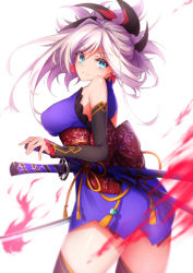 Rule 34 | 1girl, absurdres, asymmetrical hair, black thighhighs, blue eyes, blue kimono, dual wielding, earrings, fate/grand order, fate (series), hair ornament, highres, holding, holding sword, holding weapon, japanese clothes, jewelry, katana, kimono, looking at viewer, looking to the side, magatama, miyamoto musashi (fate), miyamoto musashi (first ascension) (fate), obi, pink hair, ponytail, sash, sheath, sheathed, shiraiwa usagi, simple background, sleeveless, sleeveless kimono, solo, sword, thighhighs, weapon, white background