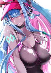 Rule 34 | 1girl, bare shoulders, black one-piece swimsuit, blue hair, blush, body markings, breasts, cleavage, collarbone, colored skin, earrings, fate/grand order, fate (series), grey skin, grin, hat, highres, horns, ibuki douji (fate), ibuki douji (swimsuit berserker) (fate), ibuki douji (swimsuit berserker) (first ascension) (fate), ichi kq, jewelry, large breasts, long hair, looking at viewer, multicolored hair, one-piece swimsuit, oni, oni horns, pink hair, pink hat, pink one-piece swimsuit, pointy ears, ponytail, red eyes, sidelocks, smile, solo, swimsuit, two-tone swimsuit, visor cap, wet, whistle, whistle around neck
