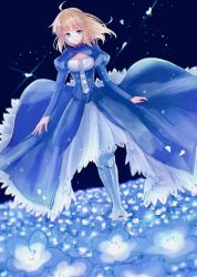 Rule 34 | 1girl, ahoge, armored boots, artoria pendragon (all), artoria pendragon (fate), blonde hair, blue background, blue dress, blue flower, boots, breasts, cleavage, clothes lift, corset, dress, dress lift, dutch angle, fate/stay night, fate (series), field, floating hair, flower, flower field, full body, green eyes, hair between eyes, hair down, highres, long dress, long hair, nayu tundora, nemophila (flower), parted lips, petals, saber (fate), small breasts, solo, sparkle, standing, two-tone dress, white dress