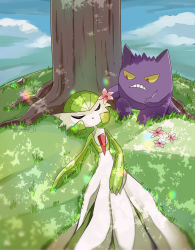 Rule 34 | 1girl, blue sky, blunt bangs, bob cut, cloud, colored sclera, colored skin, creatures (company), dappled sunlight, day, female focus, flat chest, flower, full body, game freak, gardevoir, gen 1 pokemon, gen 3 pokemon, gengar, grass, green hair, green skin, hair flower, hair ornament, highres, holding, holding flower, looking at another, looking down, lying, multicolored skin, nintendo, on back, on ground, outdoors, pink flower, pokemon, pokemon (creature), pokemon mystery dungeon, pokemon mystery dungeon: red/blue rescue team, red eyes, short hair, sitting, sky, sleeping, sunlight, teeth, tree, two-tone skin, under tree, white skin, yellow sclera, ynmr ll