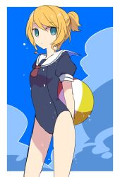 Rule 34 | 1girl, aqua eyes, arms behind back, ball, bare legs, beachball, blonde hair, blue sky, breasts, buttons, cloud, day, dripping, kagamine rin, looking at viewer, one-piece swimsuit, sailor collar, short necktie, sidelocks, sky, small breasts, solo, swimsuit, updo, vocaloid, water drop, wet, wet clothes, yoshiki