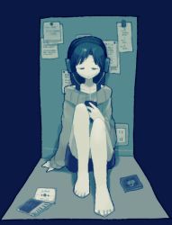 Rule 34 | 1girl, arm at side, arm support, blue theme, electrical outlet, full body, headphones, holding, holding phone, idolmaster, long hair, long sleeves, naname (fossama1), note, phone, sitting, solo, sweater