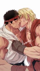 Rule 34 | 2boys, absurdres, bara, black hair, blonde hair, blood, blood on face, blood on pectorals, collarbone, couple, dougi, feet out of frame, fingerless gloves, forked eyebrows, from side, gloves, headband, highres, ken masters, kiss, large pectorals, male focus, multiple boys, muscular, muscular male, pectoral cleavage, pectorals, red shirt, ryu (street fighter), shirt, shirt grab, short hair, sideburns, sleeveless, street fighter, thick eyebrows, torn clothes, torn sleeves, unfinished, white shirt, yaoi, yuiofire