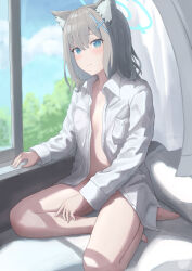 Rule 34 | 1girl, absurdres, aisumegane, animal ear fluff, animal ears, barefoot, bed sheet, blue archive, blue eyes, blue sky, blush, closed mouth, cloud, cloudy sky, collared shirt, commentary request, cross, cross hair ornament, curtains, day, hair ornament, highres, indoors, inverted cross, light smile, long sleeves, looking at viewer, mismatched pupils, naked shirt, on bed, open clothes, open shirt, parted bangs, shiroko (blue archive), shirt, sitting, sky, solo, tree, white shirt, window, wolf ears