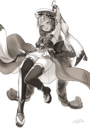 Rule 34 | 1girl, animal ears, arm up, armlet, armpits, bare shoulders, belt, beret, blunt bangs, blush, braid, breasts, detached sleeves, dress, erune, eyeliner, fox ears, granblue fantasy, greyscale, hat, highres, long hair, looking at viewer, makeup, monochrome, nosuku, open mouth, pholia, short eyebrows, side braids, skirt, small breasts, smile, solo, thighhighs, very long hair, wide sleeves