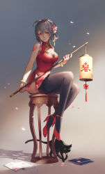 1girl bare_shoulders black_cat black_thighhighs breasts cat china_dress chinese_clothes cleavage dress female_focus flower full_body garter_straps grey_hair hair_flower hair_ornament high_heels highres lace lace-trimmed_legwear lace_trim lantern large_breasts looking_at_viewer mool_yueguang original pumps red_eyes shadow side_slit sitting smile solo tattoo thighhighs