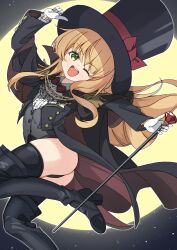 Rule 34 | 1girl, absurdres, arm up, ass, black cloak, black footwear, black hat, black jacket, black leotard, black thighhighs, blonde hair, boots, bow, bowtie, cane, cloak, commission, from side, full moon, gem, gloves, green eyes, grey vest, hand on headwear, hat, high heel boots, high heels, highres, hymgkamui, jacket, jumping, leg up, leotard, leotard under clothes, long hair, looking at viewer, looking back, moon, night, night sky, one eye closed, open mouth, original, outdoors, phantom thief, phantom thief (kkmomo67), shirt, skeb commission, sky, smile, solo, star (sky), thigh boots, thighhighs, thighs, top hat, vest, white gloves, white shirt