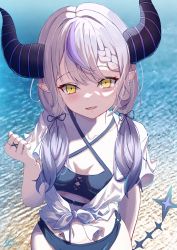Rule 34 | 1girl, absurdres, alternate hairstyle, arm behind back, bikini, bikini under clothes, blue bikini, blush, braid, breasts, commentary, demon girl, demon horns, demon tail, fangs, gradient hair, grey hair, hair tie, highres, hololive, horns, jewelry, la+ darknesss, long hair, looking at viewer, maria onnette, multicolored hair, ocean, open mouth, outdoors, pointy ears, purple hair, ring, shirt, single braid, skin fangs, small breasts, solo, streaked hair, striped horns, swimsuit, symbol-only commentary, tail, tied shirt, twintails, virtual youtuber, white shirt, yellow eyes