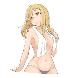 Rule 34 | 10s, 1girl, black panties, blonde hair, breasts, convenient censoring, green eyes, groin, hair down, hand on own chest, highres, komiyam a, large breasts, long hair, looking back, love live!, love live! sunshine!!, navel, ohara mari, panties, simple background, solo, topless, towel, towel around neck, towel over breasts, underwear, underwear only, white background