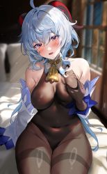 Rule 34 | 1girl, :d, absurdres, ahoge, bare shoulders, bed, bell, black bodysuit, black gloves, black leotard, black pantyhose, blue hair, blurry, blush, bodystocking, bodysuit, bodysuit under clothes, grabbing another&#039;s breast, breasts, collar, covered erect nipples, covered navel, cowbell, cowboy shot, curvy, depth of field, detached collar, detached sleeves, ganyu (genshin impact), genshin impact, gloves, goat horns, grabbing, grabbing own breast, gradient eyes, groin, highleg, highleg leotard, highres, hominamia, horns, indoors, large breasts, leotard, light particles, long hair, long sleeves, looking at viewer, multicolored eyes, neck bell, on bed, open mouth, pantyhose, pillow, purple eyes, sidelighting, sidelocks, sitting, smile, solo, thick thighs, thighband pantyhose, thighs, white collar, white sleeves, wide hips, window