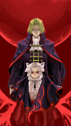 Rule 34 | 00s, 1boy, 1girl, ascot, blonde hair, cape, closed eyes, frills, height difference, long sleeves, looking at viewer, melty blood, parted lips, pointy ears, red eyes, shaded face, silver hair, tsukihime, type-moon, wallachia, white len (tsukihime)