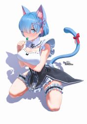 Rule 34 | 1girl, absurdres, animal ears, arm under breasts, bad id, bad pixiv id, black dress, blue eyes, blue hair, blush, bow, breasts, bridal garter, cat ears, cat girl, cat tail, cleavage, commentary request, detached sleeves, dress, food, frills, hair ornament, hair over one eye, hair ribbon, highres, holding, huge filesize, kemonomimi mode, kneeling, large breasts, looking at viewer, maid, maid headdress, medium breasts, mildo (asystole92), pink ribbon, re:zero kara hajimeru isekai seikatsu, red ribbon, rem (re:zero), ribbon, roswaal mansion maid uniform, short hair, simple background, sitting, solo, tail, tail ornament, tail ribbon, wariza, white background, x hair ornament