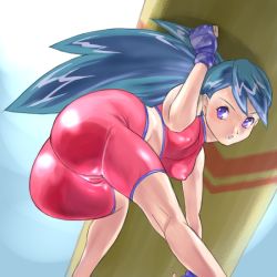 Rule 34 | 1girl, alternate color, ass, battle girl (pokemon), bent over, bike shorts, blue eyes, blue hair, breasts, cameltoe, covered erect nipples, creatures (company), fingerless gloves, game freak, gloves, hip focus, kneepits, knees, legs, long hair, matching hair/eyes, midriff, nintendo, npc trainer, otsukare, pokemon, ponytail, purple eyes, shauna (pokemon rs030), shiny clothes, skin tight, small breasts, solo, tight clothes, wide hips