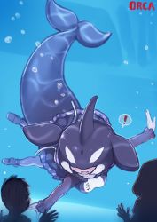 Rule 34 | !, 1boy, 2girls, air bubble, aquarium, black hair, blush, bubble, cetacean tail, character name, child, collarbone, commentary request, covered eyes, diving, dress, fins, fish tail, freediving, full body, hair over eyes, head fins, height difference, highres, kemono friends, long sleeves, looking at another, multicolored hair, multiple girls, open mouth, orca (kemono friends), outstretched arms, pantyhose, shoes, silhouette, solo focus, spoken exclamation mark, spread arms, swimming, tail, tanaka kusao, two-tone hair, underwater, water, white hair