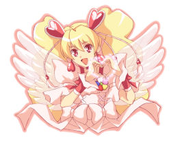 Rule 34 | 00s, 1girl, :d, :p, angel wings, blonde hair, bow, cure peach, cure peach (angel), earrings, fresh precure!, hair ornament, hairpin, happy, heart, inami (978507), inami (inanan), jewelry, long hair, magic, magical girl, momozono love, open mouth, precure, red eyes, ribbon, smile, solo, tongue, tongue out, twintails, wings, wrist cuffs