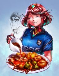Rule 34 | 1girl, ^ ^, breasts, closed eyes, commentary, eyelashes, closed eyes, fingerless gloves, food, forehead jewel, gloves, gravy, gravy boat, highres, large breasts, lips, nintendo, pyra (xenoblade), red hair, short hair, smile, soccer uniform, solo focus, sportswear, tiara, voodoothur, xenoblade chronicles (series), xenoblade chronicles 2, xenoblade chronicles (series), xenoblade chronicles 2