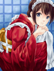 Rule 34 | 1girl, apron, blue background, blue eyes, brown hair, checkered background, expressionless, eyebrows, eyelashes, hair bun, hands on own knees, head on knees, head rest, highres, japanese clothes, kimono, knees to chest, looking at viewer, maid, maid apron, maid headdress, obi, original, own hands together, pizza man, red kimono, sash, short hair, single hair bun, sitting, solo, wa maid