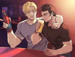 Rule 34 | 2boys, ao isami, arm around neck, artist request, black hair, blonde hair, bottle, facial hair, lewis smith, male focus, multiple boys, pectorals, shirt, sideburns stubble, sitting, smile, stubble, t-shirt, thick eyebrows, toned, toned male, wine bottle, yuuki bakuhatsu bang bravern