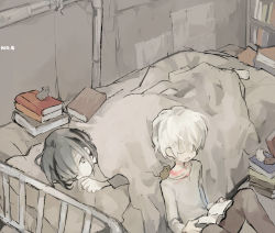 Rule 34 | 2boys, barefoot, bed, blue eyes, blue hair, book, indoors, lying, male focus, mouse (animal), multiple boys, nezumi (no.6), no.6, open book, open mouth, reading, shion (no.6), short hair, soto, white hair