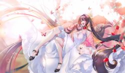 Rule 34 | animal, bare shoulders, beads, black footwear, black hair, breasts, bug, bumyong, butterfly, cleavage, dog, dress, flower, full body, glint, hand in own hair, high heels, highres, insect, korean commentary, large breasts, long hair, looking at viewer, open mouth, original, red eyes, simple background, strappy heels, teeth, upper teeth only, very long hair, white dress