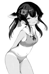 Rule 34 | 11n 11y, 1girl, arms behind back, bare arms, bare shoulders, bra, breasts, fang, flower, greyscale, hair flower, hair ornament, highres, leaning forward, long hair, looking at viewer, monochrome, navel, panties, ponytail, sidelocks, simple background, skin fang, small breasts, smile, solo, stomach, tan, tanline, touhoku kiritan, underwear, voiceroid, white background