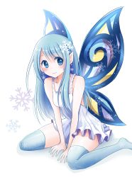Rule 34 | 1girl, blue eyes, blue hair, blue thighhighs, blush, butterfly wings, dress, fairy, hair ornament, highres, insect wings, long hair, looking at viewer, matching hair/eyes, original, pointy ears, simple background, sitting, smile, snowflake hair ornament, snowflake print, snowflakes, snowmi, solo, symbol-shaped pupils, thighhighs, wariza, white background, wings, zettai ryouiki
